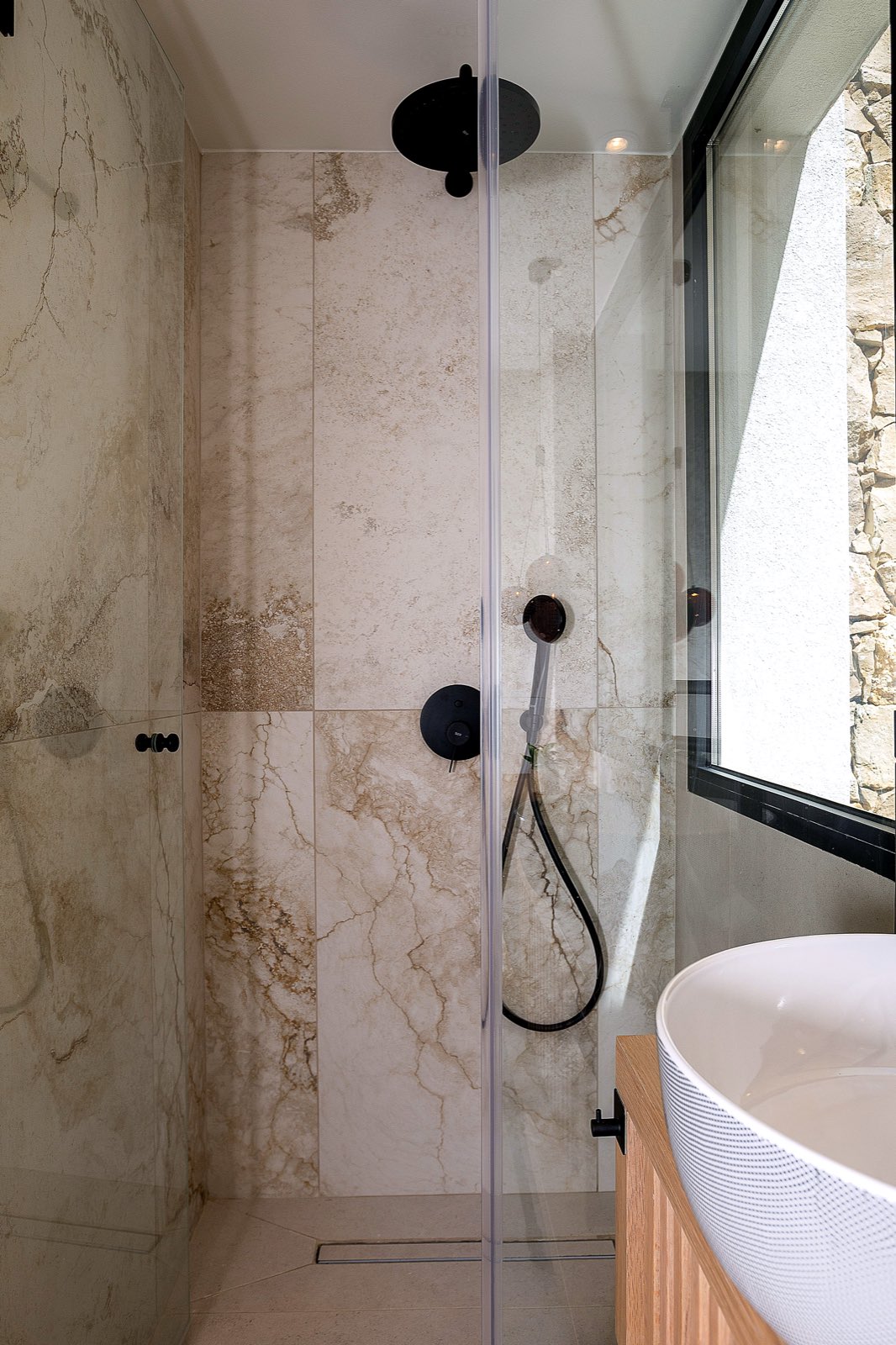 Walk-in marble shower